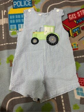 Striped Seersucker Tractor One-Piece Bodysuit - Blue & Green